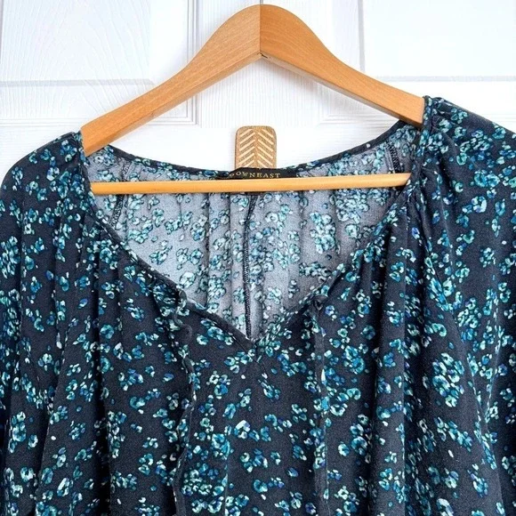 Downeast Floral Mini Dress Black Blue Tie Neck XL Cottagecore Modest Casual - Picture 2 of 7